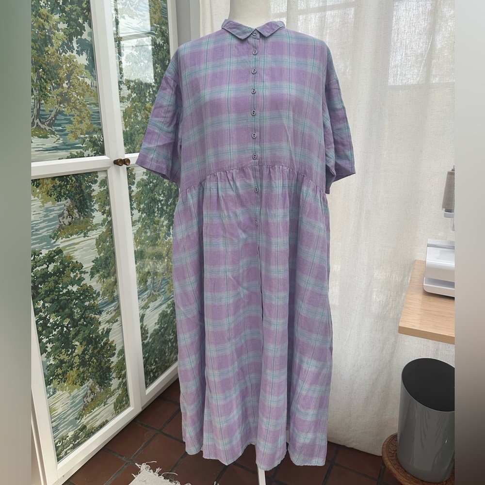 Japanese Brand Samansa Mos2 Plaid Linen Oversized Dress Sz Medium
